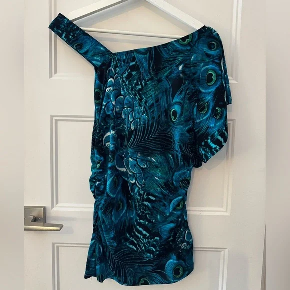 Laura Peacock Blue/Green One-Shoulder Top - 2010s: Business Casual/Office Siren - Picture 3 of 6